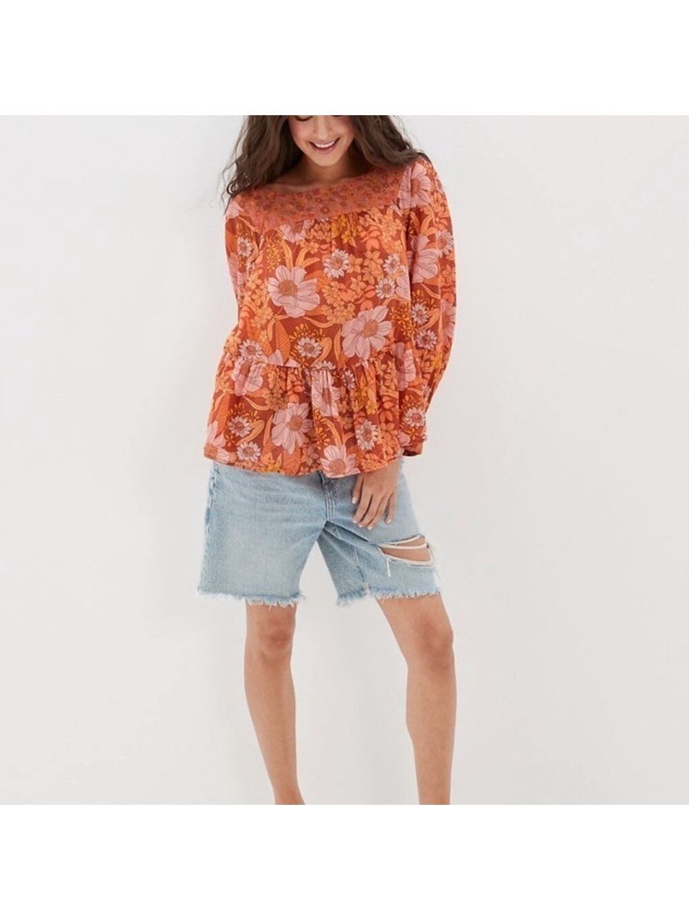 American Eagle Oversized Long Sleeve Square Neck Peasant Blouse size S mix print
